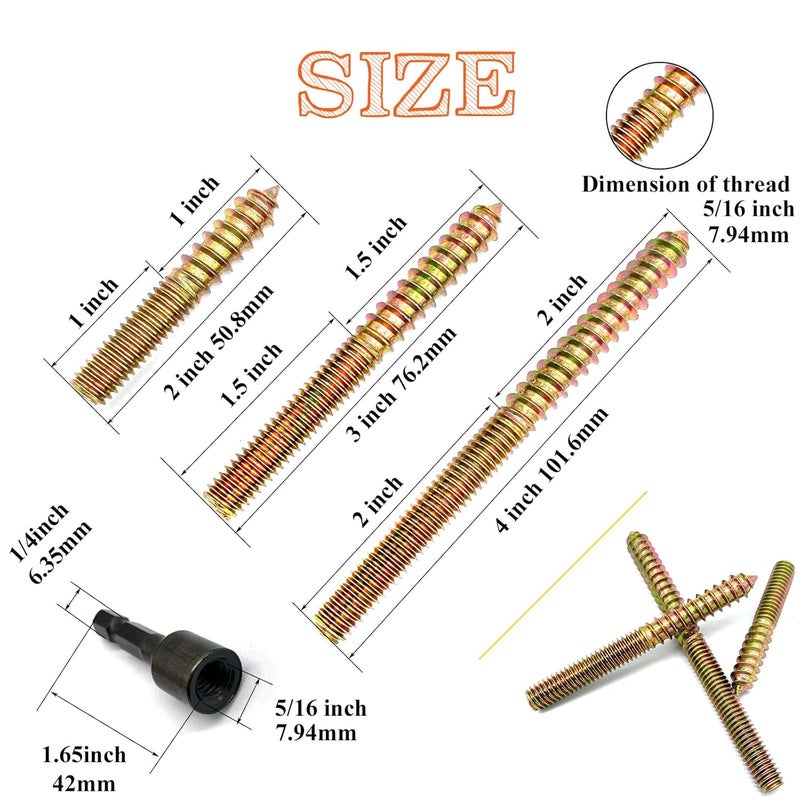 Matrelt 20Pack 5/16-18" Hanger Bolts 3Sizes 2-4 Inch Include1 pcs Hanger Bolt Driver Double Headed Bolts Wood Dowel Screw Self-Tapping Screwfor Furniture Screws Wood Screws Double Screw Threaded Rods - Image 2